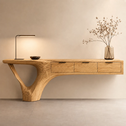 Natural Solid Wood Console Table with Three Drawers Sculptural Cantilever Style - Livewoodcraft - 3