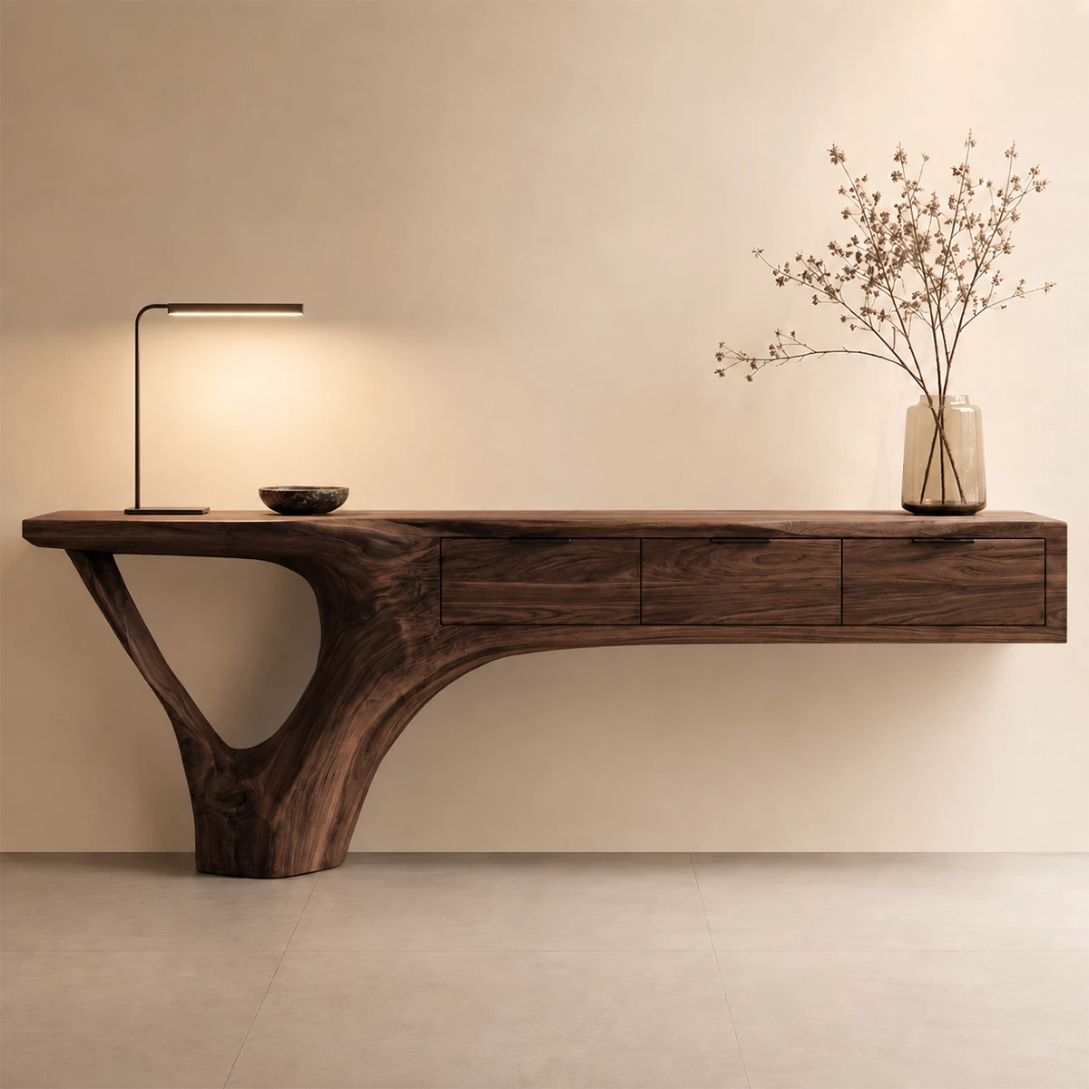 Natural Solid Wood Console Table with Three Drawers Sculptural Cantilever Style - Livewoodcraft - 4