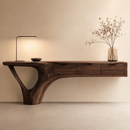 Natural Solid Wood Console Table with Three Drawers Sculptural Cantilever Style - Livewoodcraft - 4