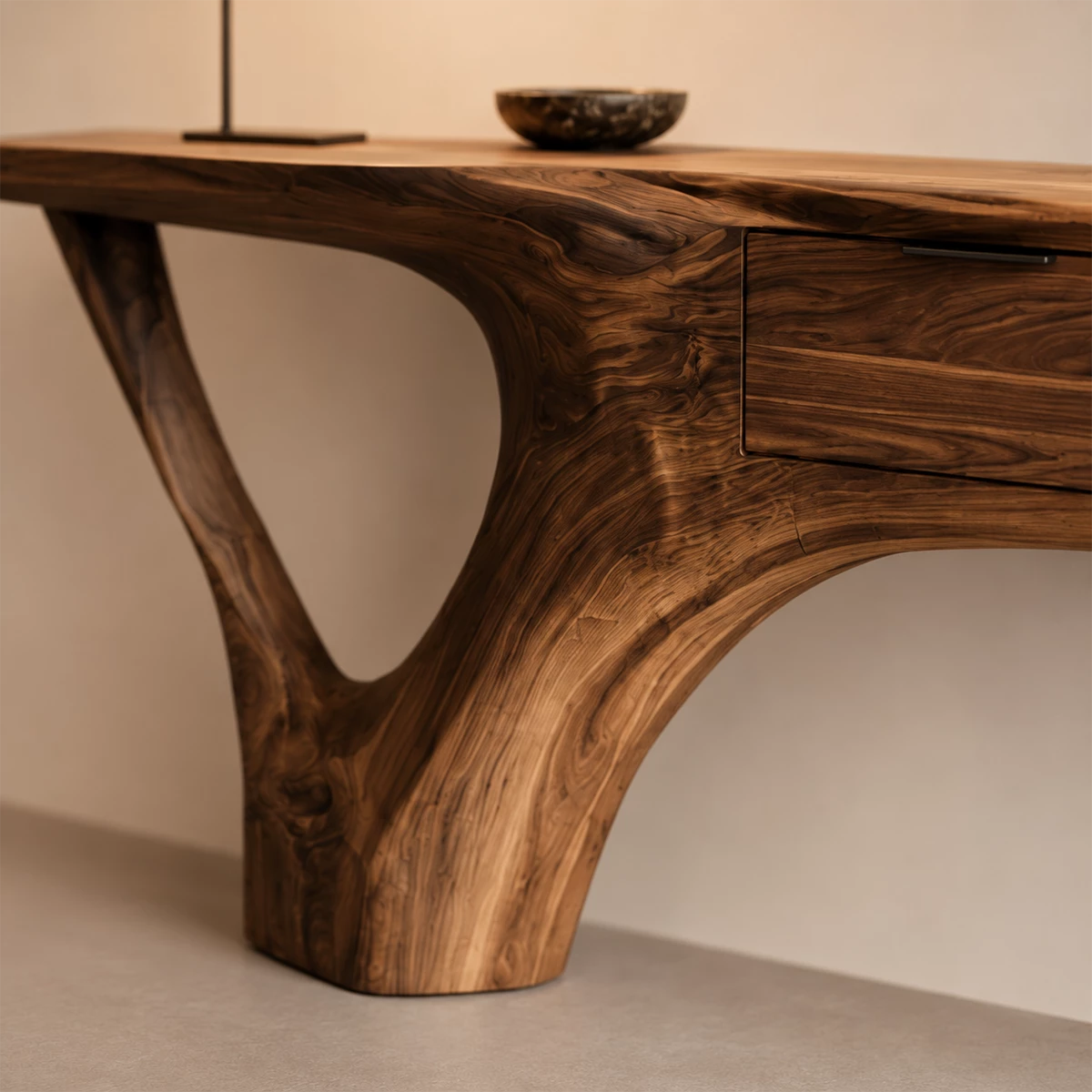 Natural Solid Wood Console Table with Three Drawers Sculptural Cantilever Style - Livewoodcraft - 5