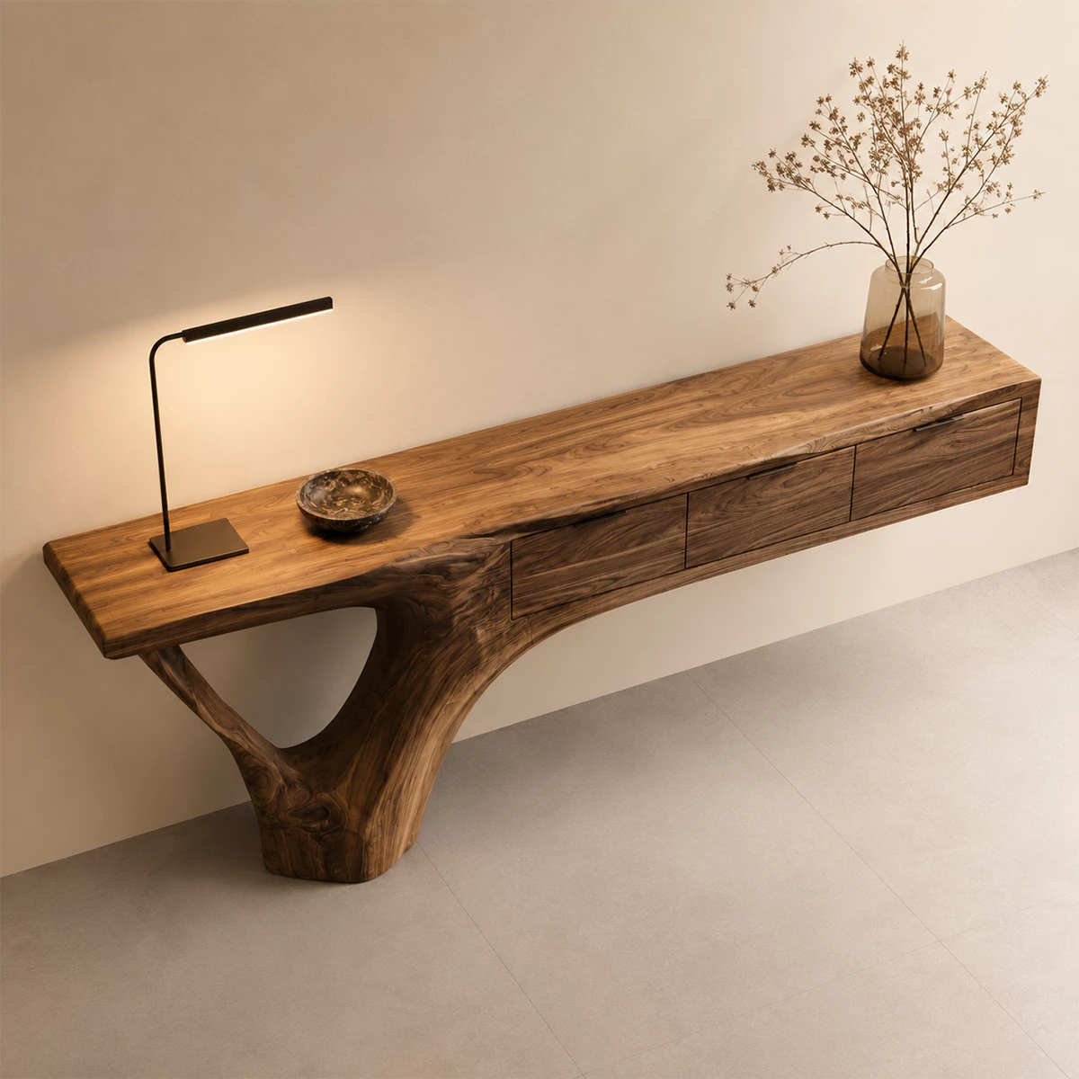 Natural Solid Wood Console Table with Three Drawers Sculptural Cantilever Style - Livewoodcraft - 6