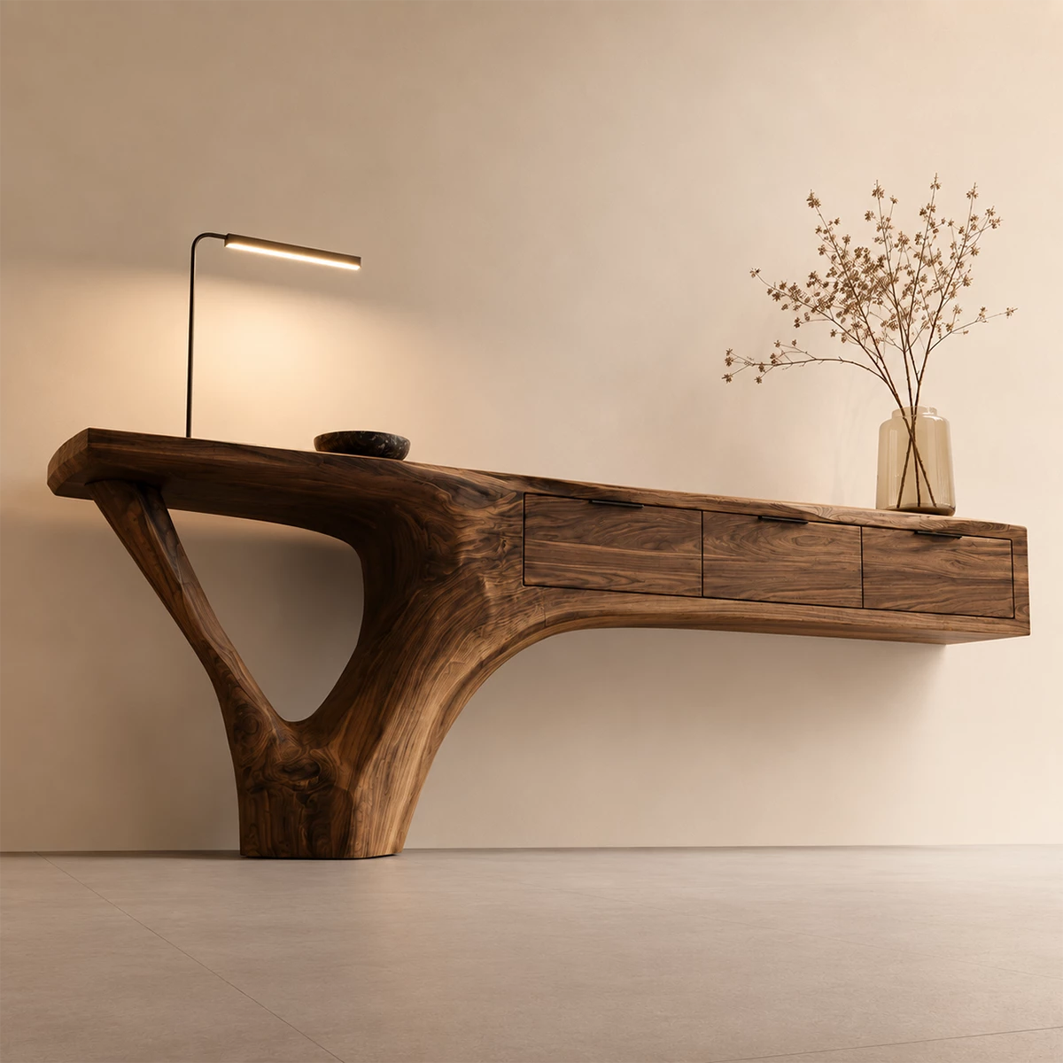 Natural Solid Wood Console Table with Three Drawers Sculptural Cantilever Style - Livewoodcraft - 7