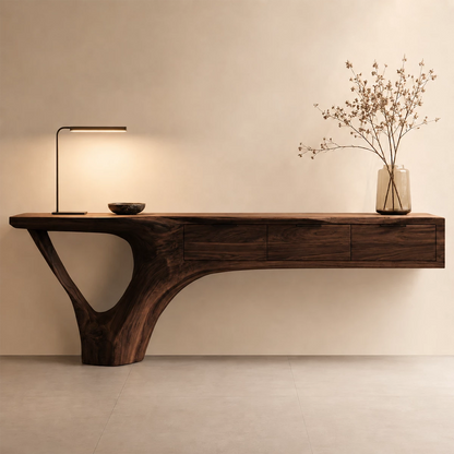 Natural Solid Wood Console Table with Three Drawers Sculptural Cantilever Style - Livewoodcraft - 8