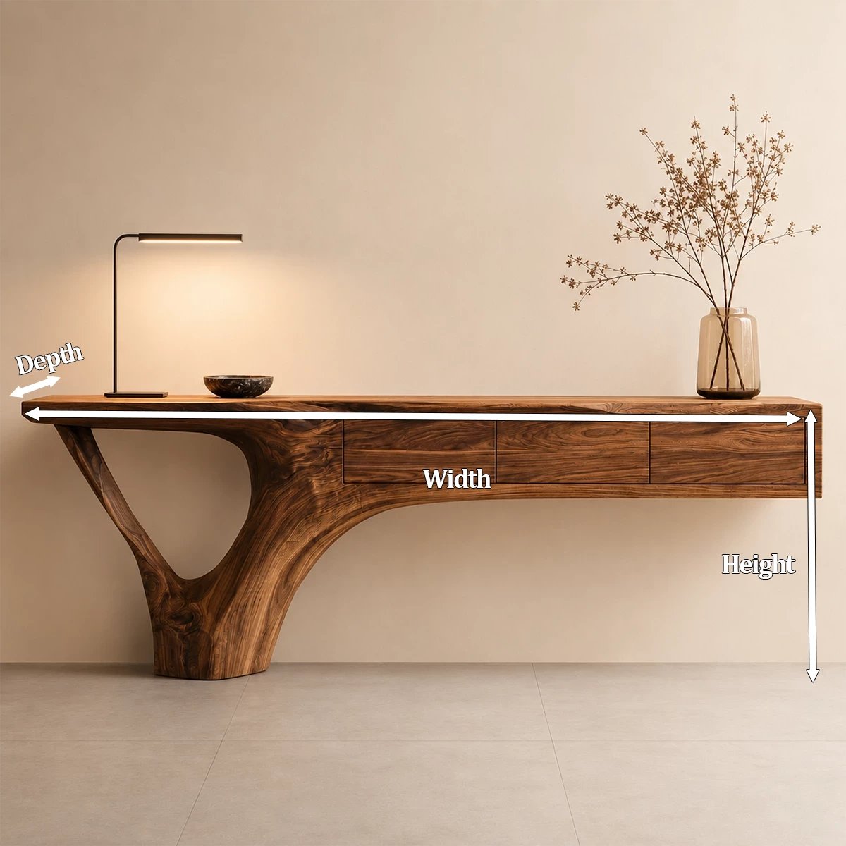 Natural Solid Wood Console Table with Three Drawers Sculptural Cantilever Style - Livewoodcraft - 9