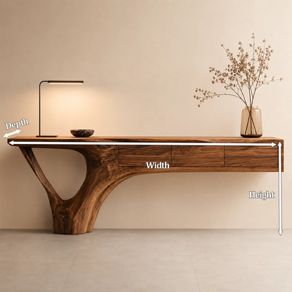 Natural Solid Wood Console Table with Three Drawers Sculptural Cantilever Style - Livewoodcraft - 9