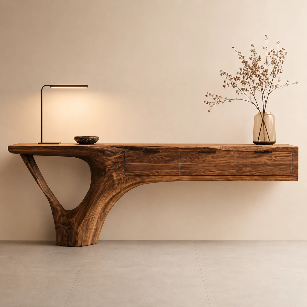 Natural Solid Wood Console Table with Three Drawers Sculptural Cantilever Style - Livewoodcraft