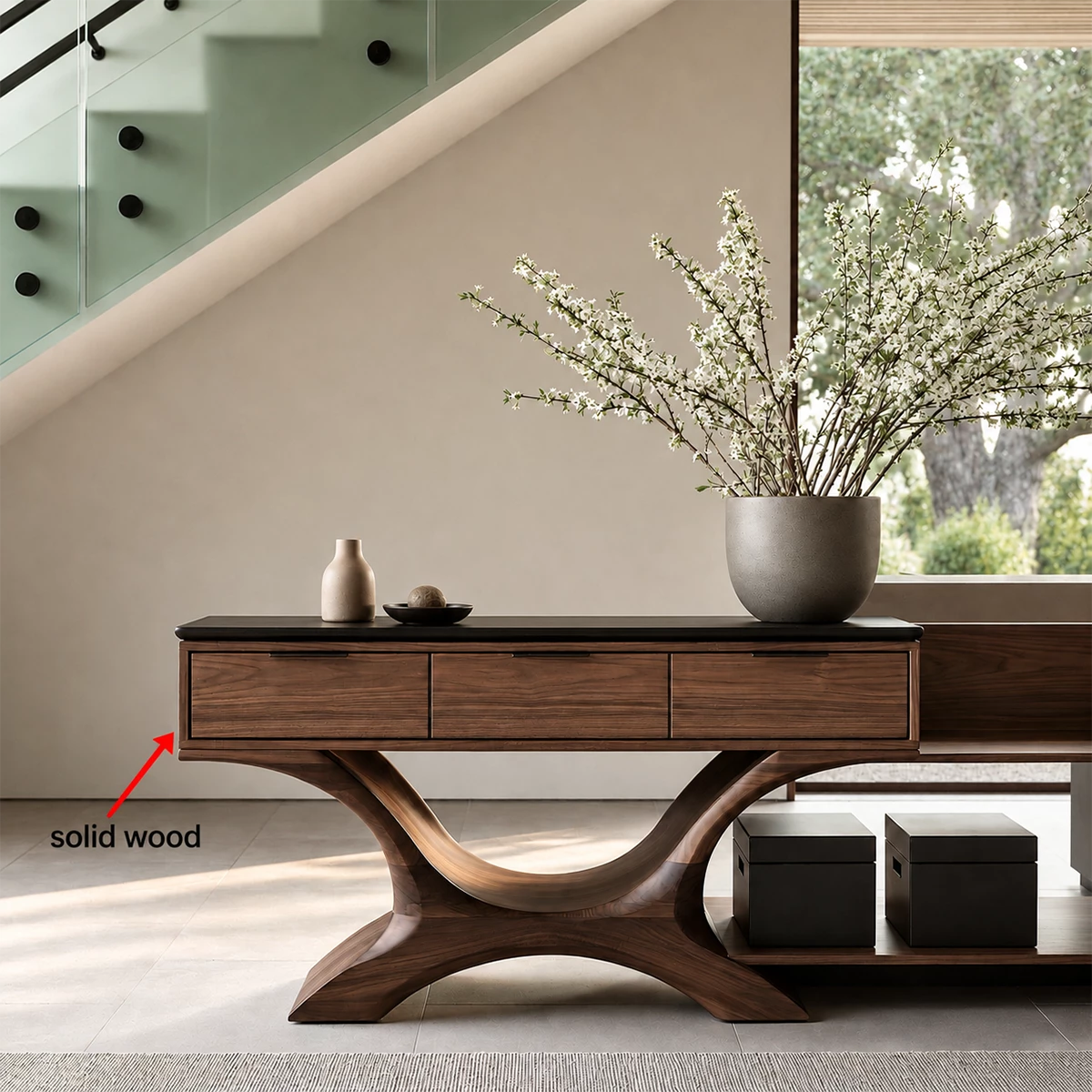 Natural Solid Wood Console Table with Three Drawers Sculptural Modern Style - Livewoodcraft - 10