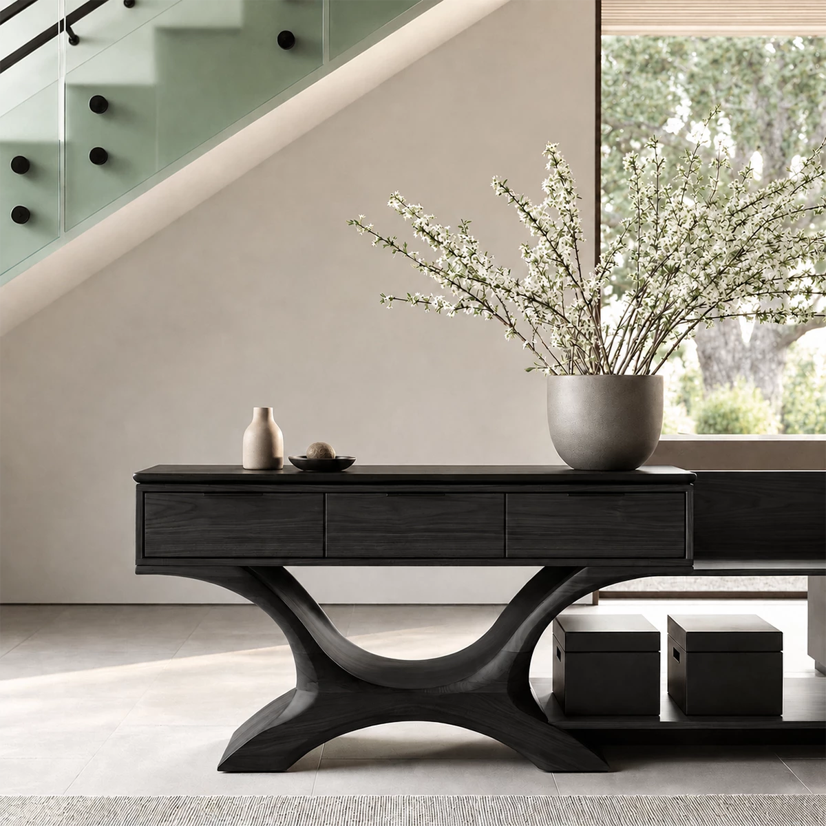 Natural Solid Wood Console Table with Three Drawers Sculptural Modern Style - Livewoodcraft - 2