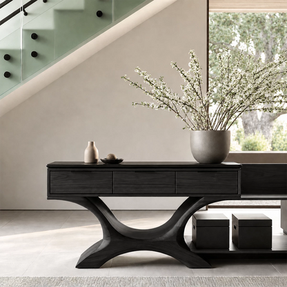 Natural Solid Wood Console Table with Three Drawers Sculptural Modern Style - Livewoodcraft - 2