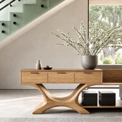 Natural Solid Wood Console Table with Three Drawers Sculptural Modern Style - Livewoodcraft - 3
