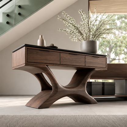 Natural Solid Wood Console Table with Three Drawers Sculptural Modern Style - Livewoodcraft - 7