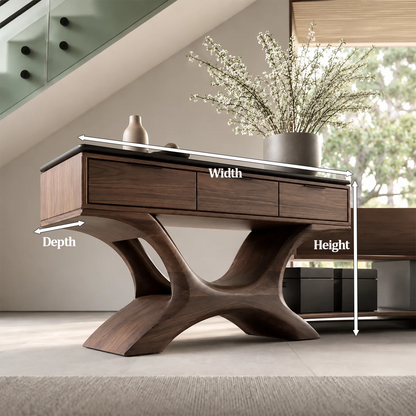 Natural Solid Wood Console Table with Three Drawers Sculptural Modern Style - Livewoodcraft - 9