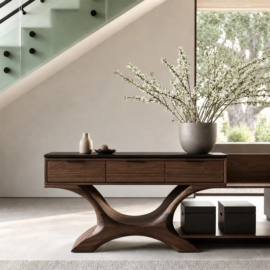 Natural Solid Wood Console Table with Three Drawers Sculptural Modern Style - Livewoodcraft