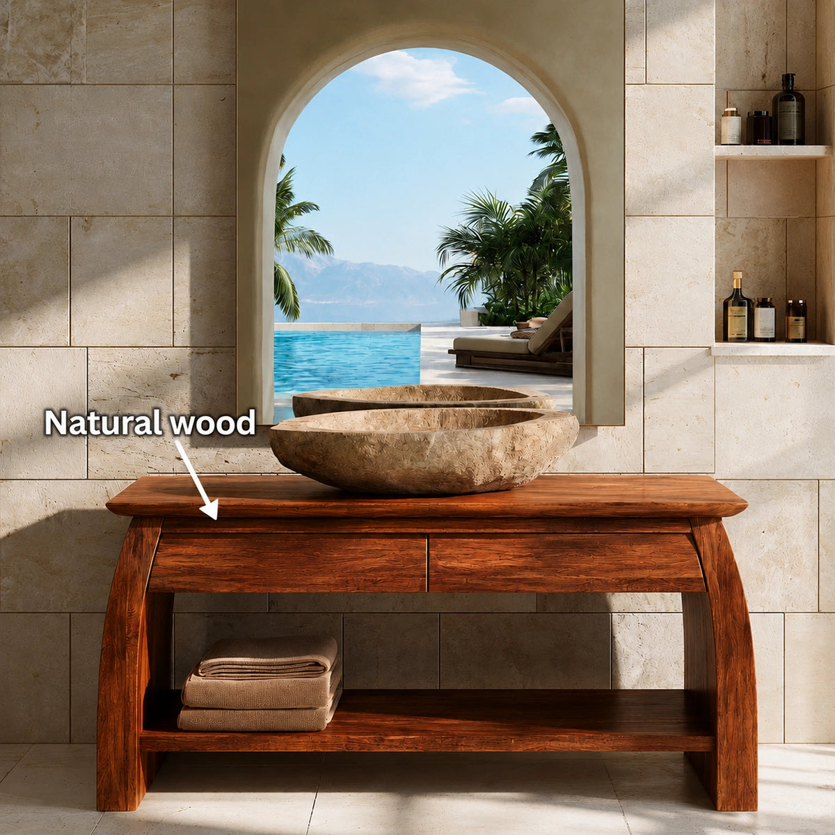Natural Solid Wood Double Bathroom Vanity with 2 Drawers and Open Shelf - Livewoodcraft - 10