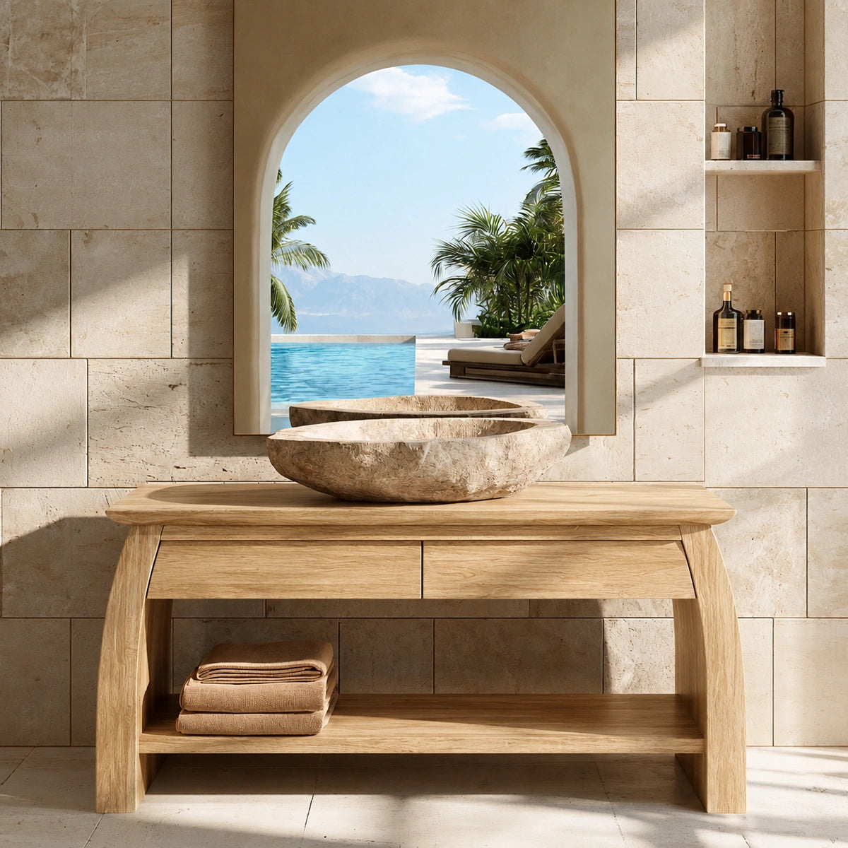 Natural Solid Wood Double Bathroom Vanity with 2 Drawers and Open Shelf - Livewoodcraft - 3