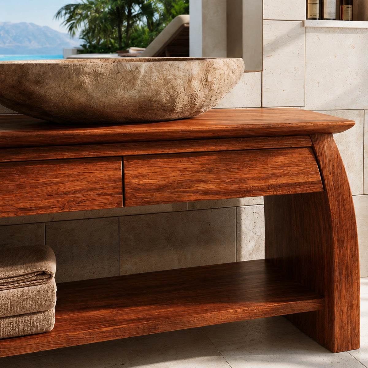 Natural Solid Wood Double Bathroom Vanity with 2 Drawers and Open Shelf - Livewoodcraft - 5