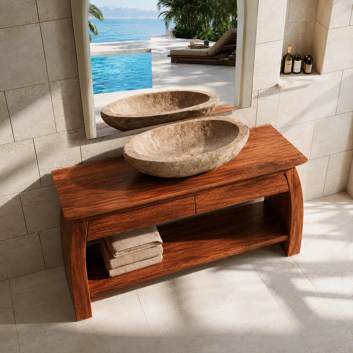 Natural Solid Wood Double Bathroom Vanity with 2 Drawers and Open Shelf - Livewoodcraft - 6