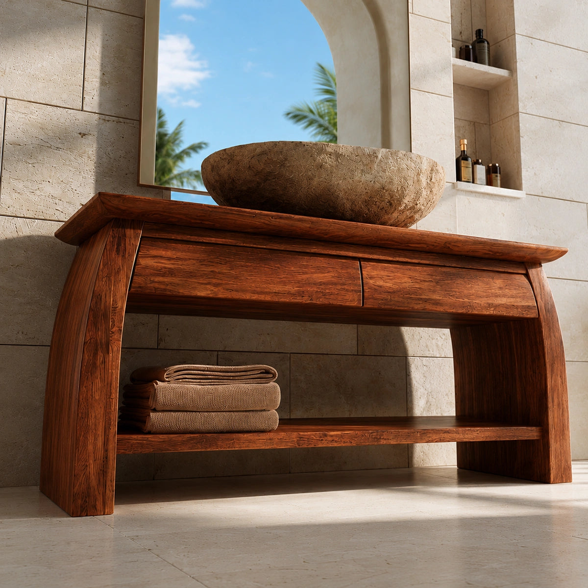 Natural Solid Wood Double Bathroom Vanity with 2 Drawers and Open Shelf - Livewoodcraft - 8
