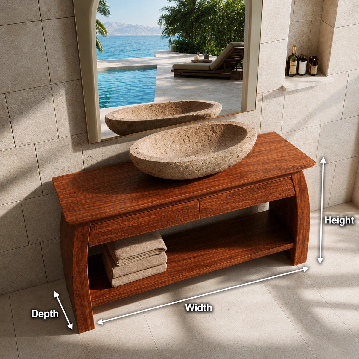 Natural Solid Wood Double Bathroom Vanity with 2 Drawers and Open Shelf - Livewoodcraft - 9