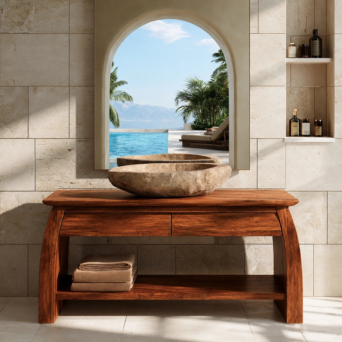 Natural Solid Wood Double Bathroom Vanity with 2 Drawers and Open Shelf - Livewoodcraft