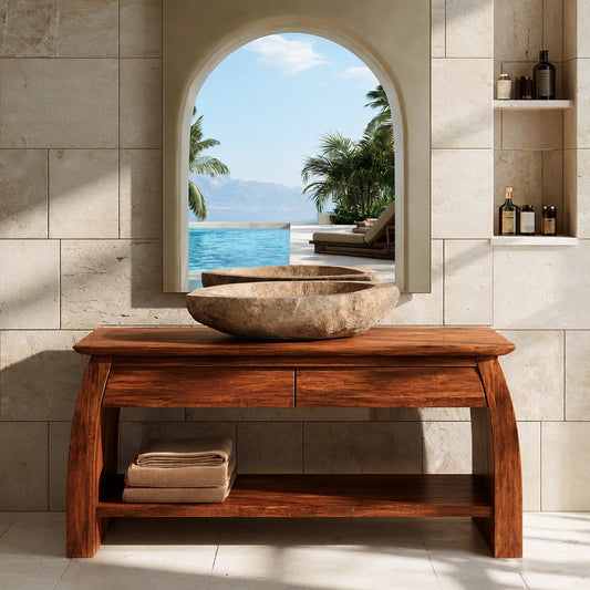 Natural Solid Wood Double Bathroom Vanity with 2 Drawers and Open Shelf - Livewoodcraft