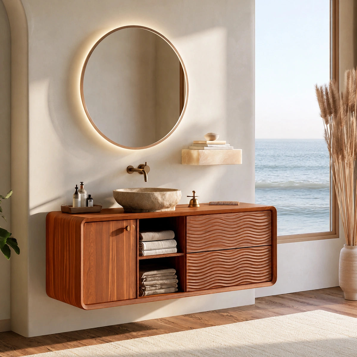 Natural Solid Wood Double Bathroom Vanity with 2 Drawers and Open Shelves - Livewoodcraft - 2