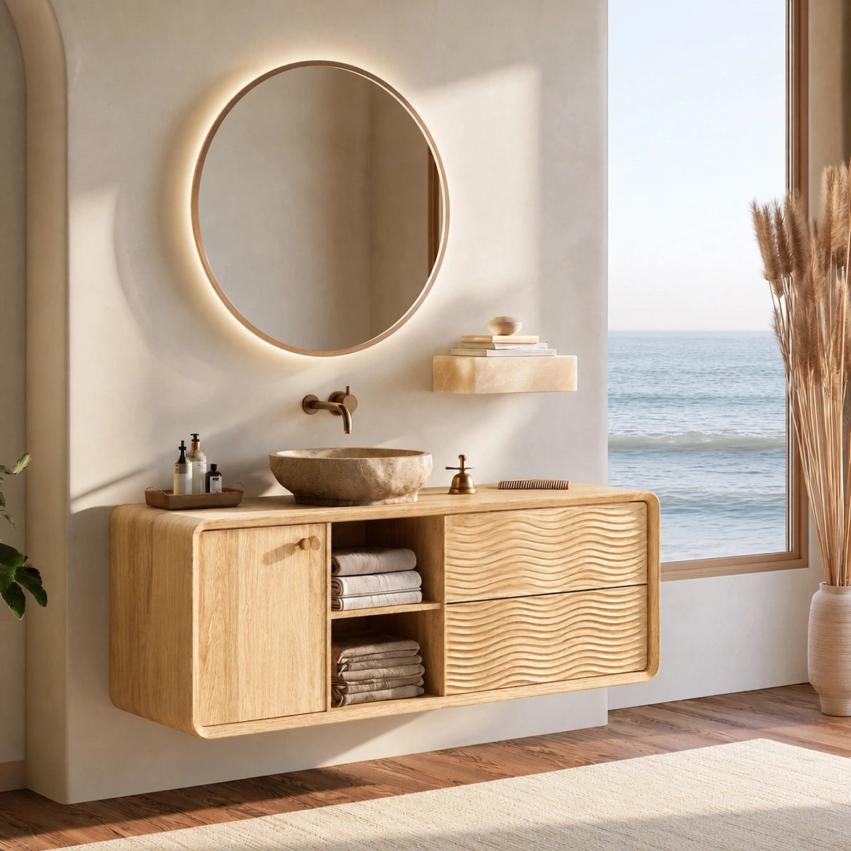 Natural Solid Wood Double Bathroom Vanity with 2 Drawers and Open Shelves - Livewoodcraft - 3