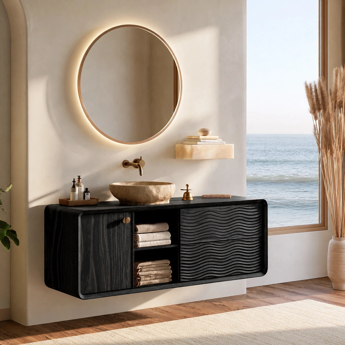 Natural Solid Wood Double Bathroom Vanity with 2 Drawers and Open Shelves - Livewoodcraft - 4
