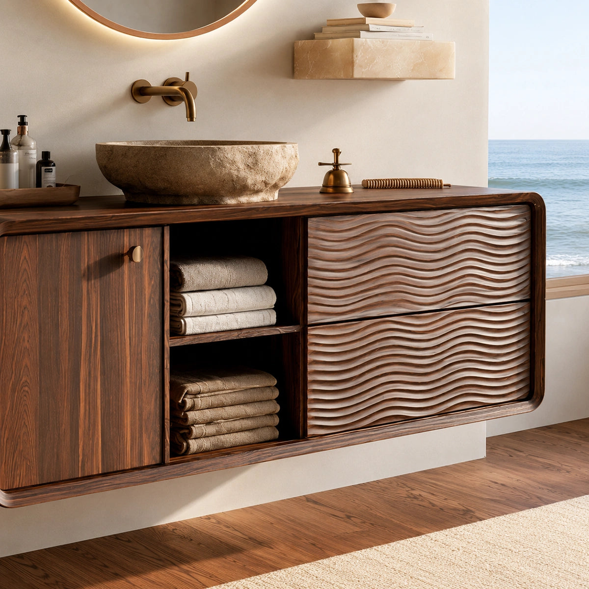 Natural Solid Wood Double Bathroom Vanity with 2 Drawers and Open Shelves - Livewoodcraft - 5