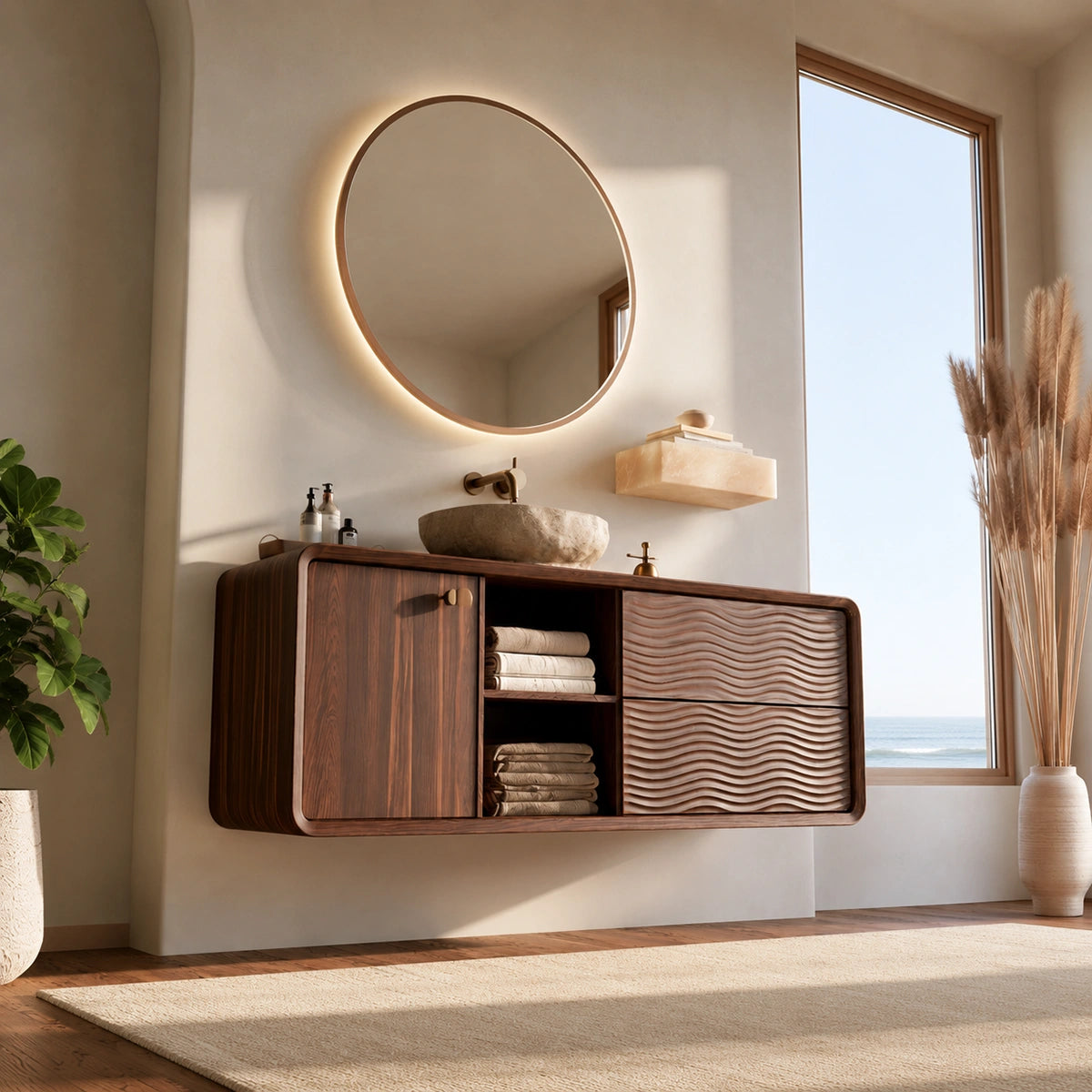 Natural Solid Wood Double Bathroom Vanity with 2 Drawers and Open Shelves - Livewoodcraft - 6