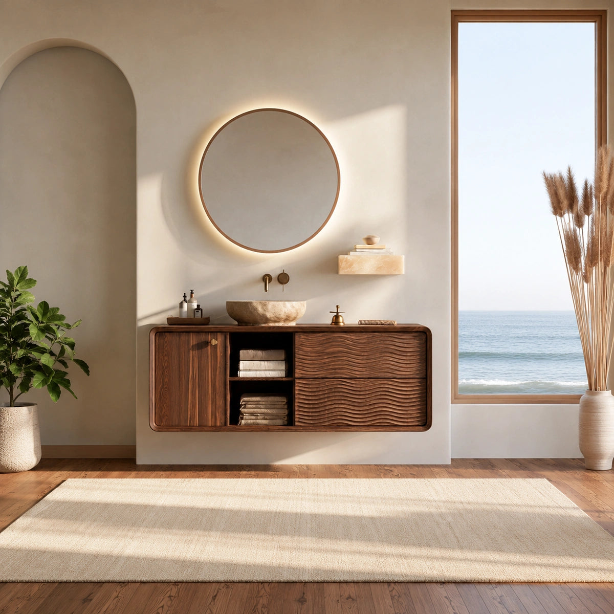 Natural Solid Wood Double Bathroom Vanity with 2 Drawers and Open Shelves - Livewoodcraft - 7
