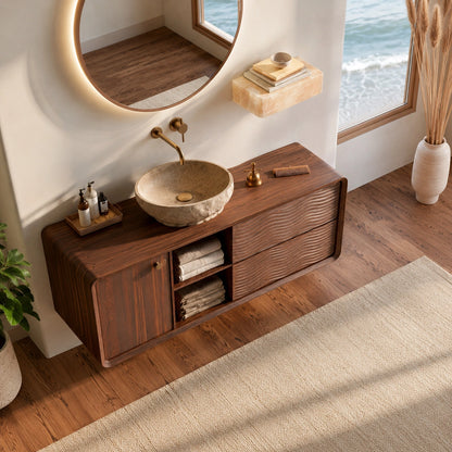Natural Solid Wood Double Bathroom Vanity with 2 Drawers and Open Shelves - Livewoodcraft - 8
