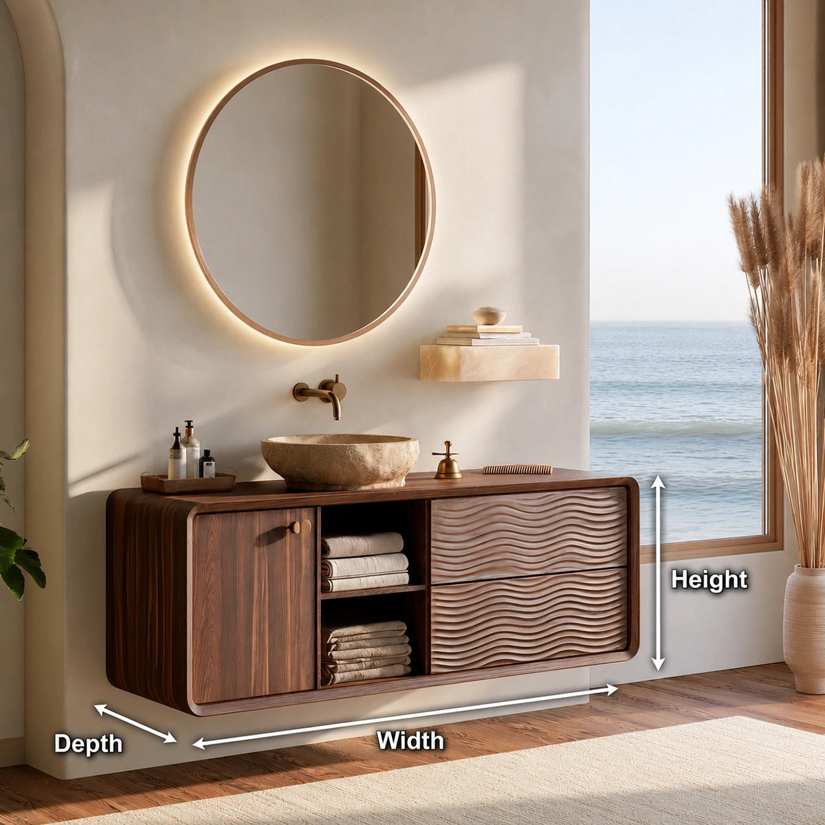 Natural Solid Wood Double Bathroom Vanity with 2 Drawers and Open Shelves - Livewoodcraft - 9