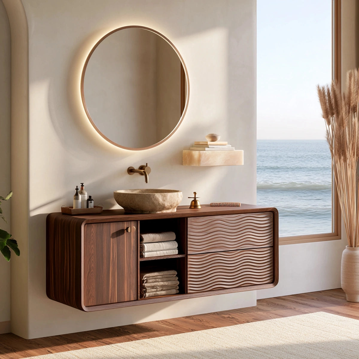 Natural Solid Wood Double Bathroom Vanity with 2 Drawers and Open Shelves - Livewoodcraft