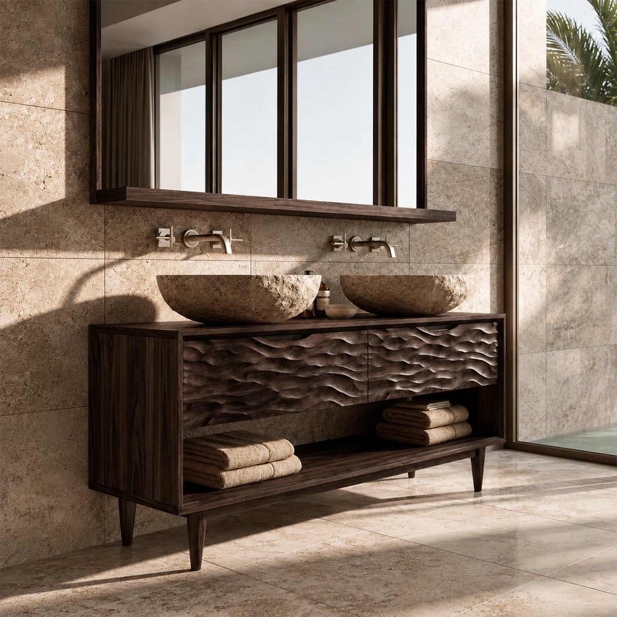 Natural Solid Wood Double Vanity with Carved Drawers and Open Shelf - Livewoodcraft - 2