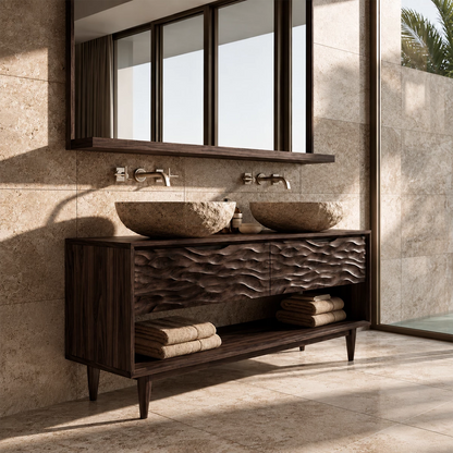 Natural Solid Wood Double Vanity with Carved Drawers and Open Shelf - Livewoodcraft - 2