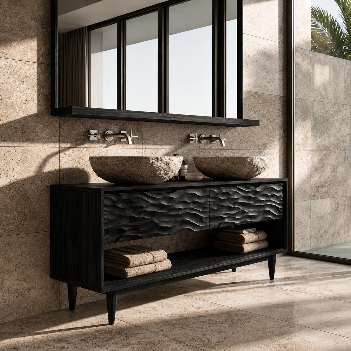 Natural Solid Wood Double Vanity with Carved Drawers and Open Shelf - Livewoodcraft - 3