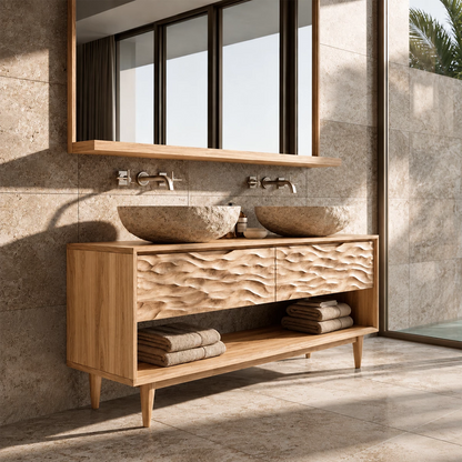 Natural Solid Wood Double Vanity with Carved Drawers and Open Shelf - Livewoodcraft - 4