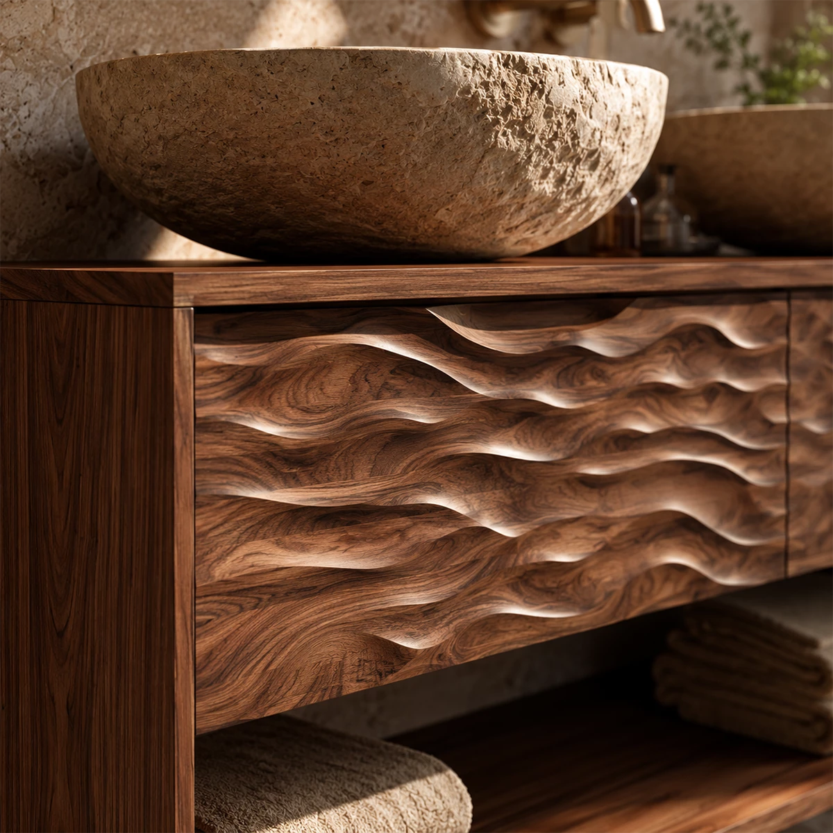 Natural Solid Wood Double Vanity with Carved Drawers and Open Shelf - Livewoodcraft - 5