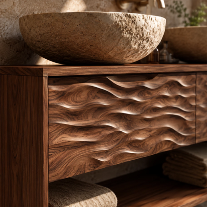 Natural Solid Wood Double Vanity with Carved Drawers and Open Shelf - Livewoodcraft - 5
