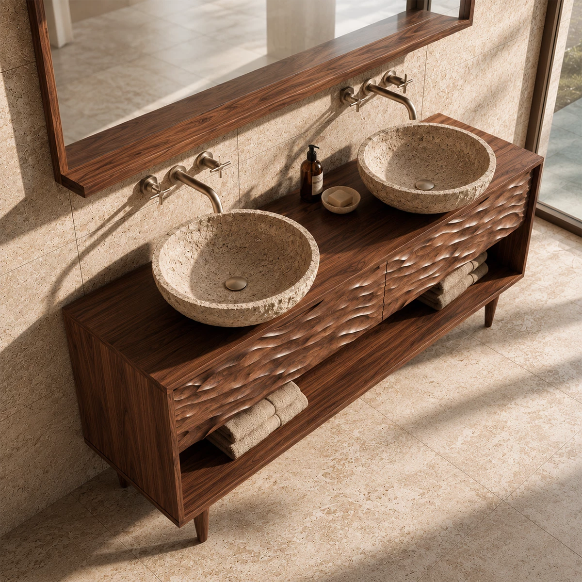 Natural Solid Wood Double Vanity with Carved Drawers and Open Shelf - Livewoodcraft - 6