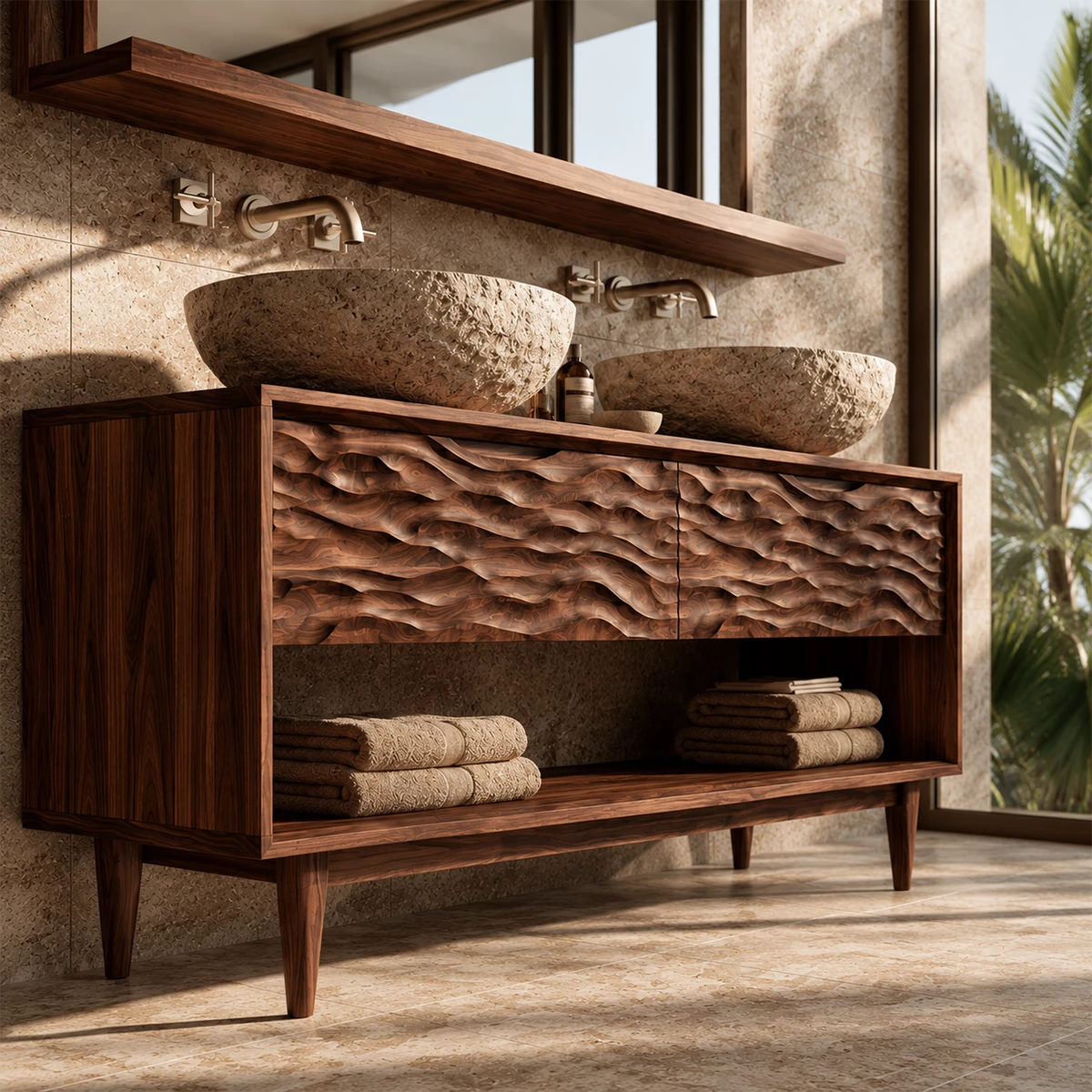 Natural Solid Wood Double Vanity with Carved Drawers and Open Shelf - Livewoodcraft - 7