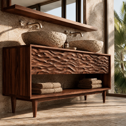 Natural Solid Wood Double Vanity with Carved Drawers and Open Shelf - Livewoodcraft - 7