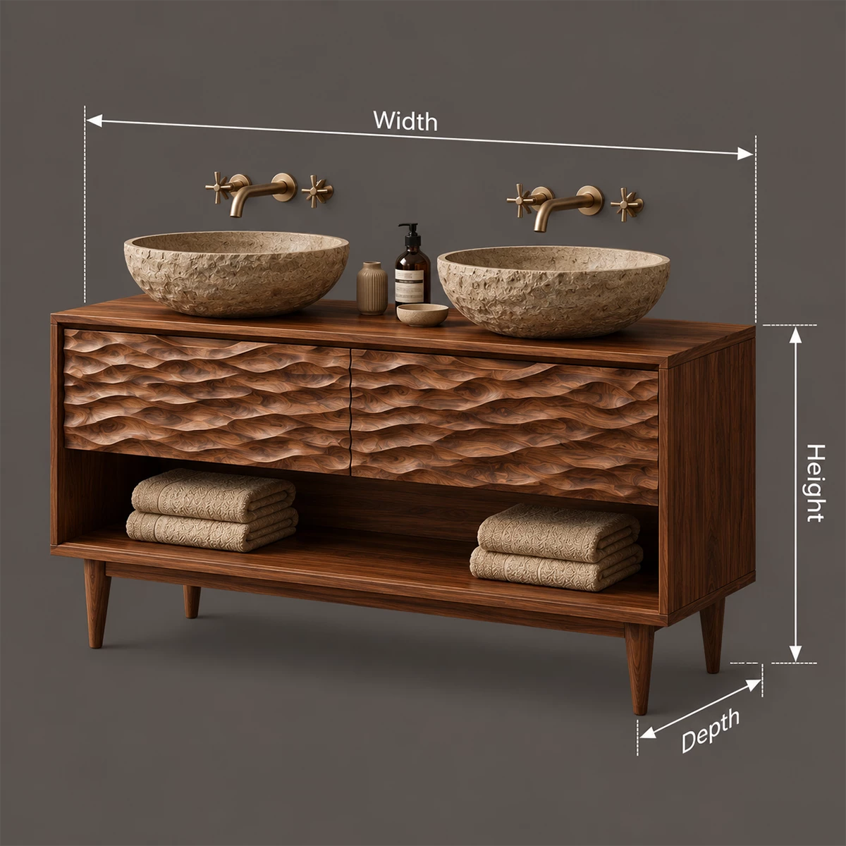 Natural Solid Wood Double Vanity with Carved Drawers and Open Shelf - Livewoodcraft - 9