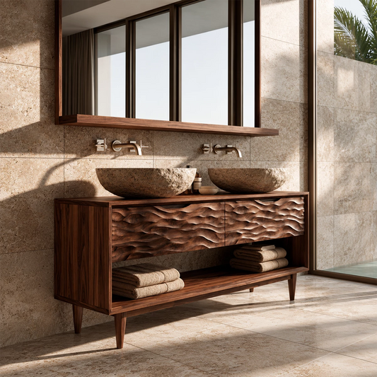 Natural Solid Wood Double Vanity with Carved Drawers and Open Shelf - Livewoodcraft