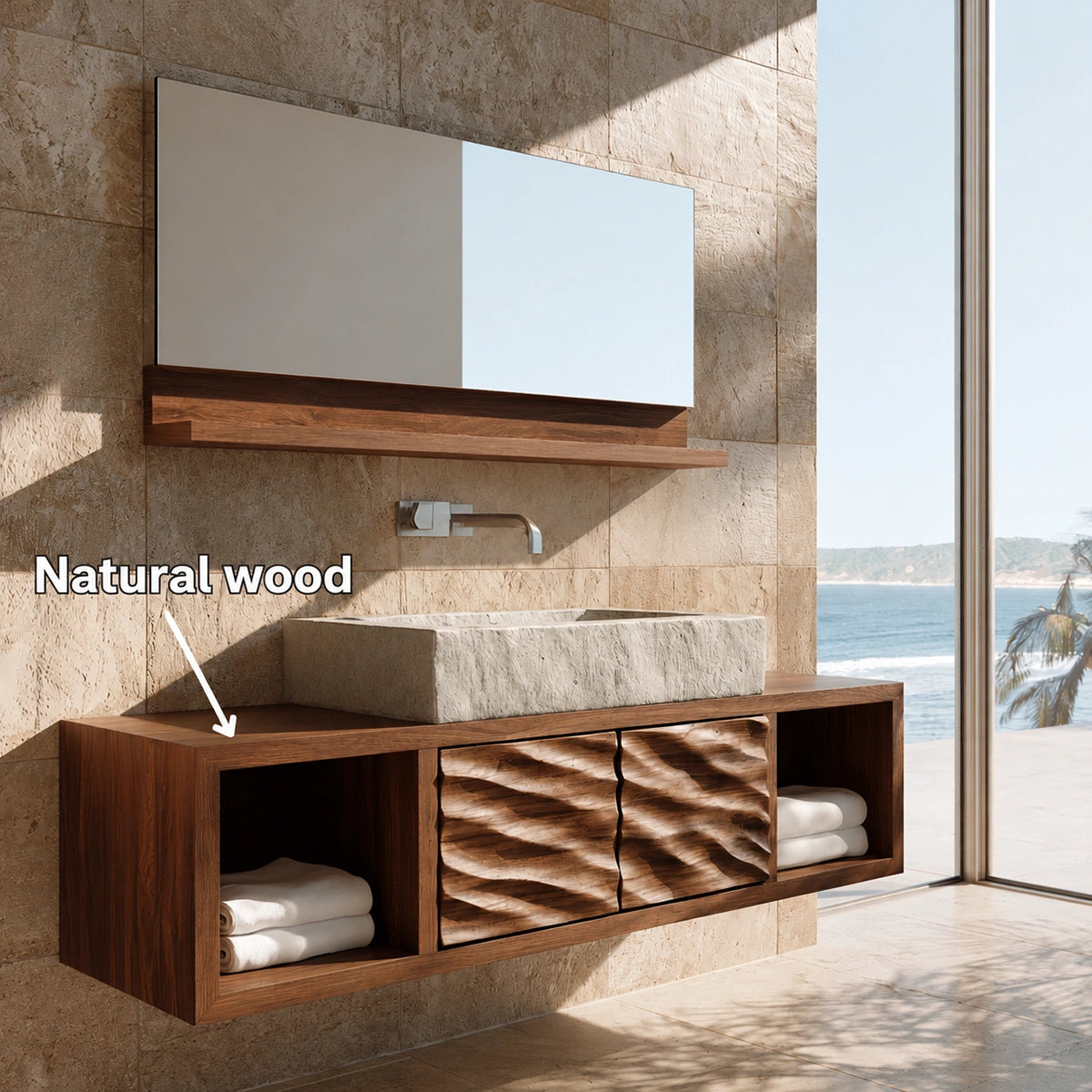 Natural Solid Wood Floating Bathroom Cabinet with 2 Doors and Open Shelf - Livewoodcraft - 10