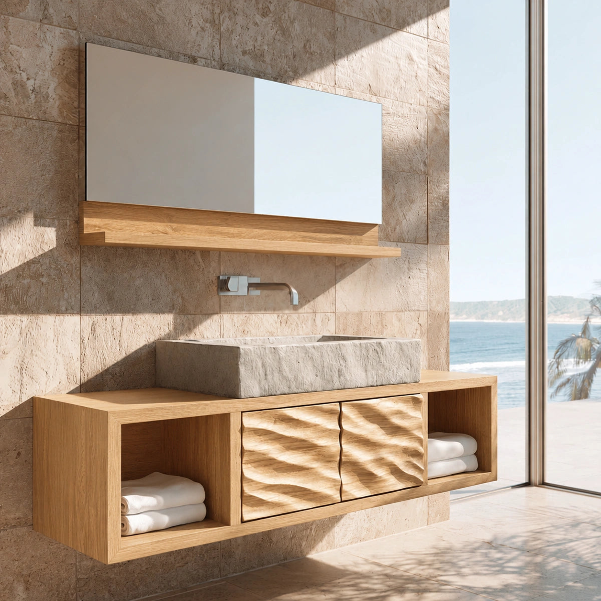 Natural Solid Wood Floating Bathroom Cabinet with 2 Doors and Open Shelf - Livewoodcraft - 3