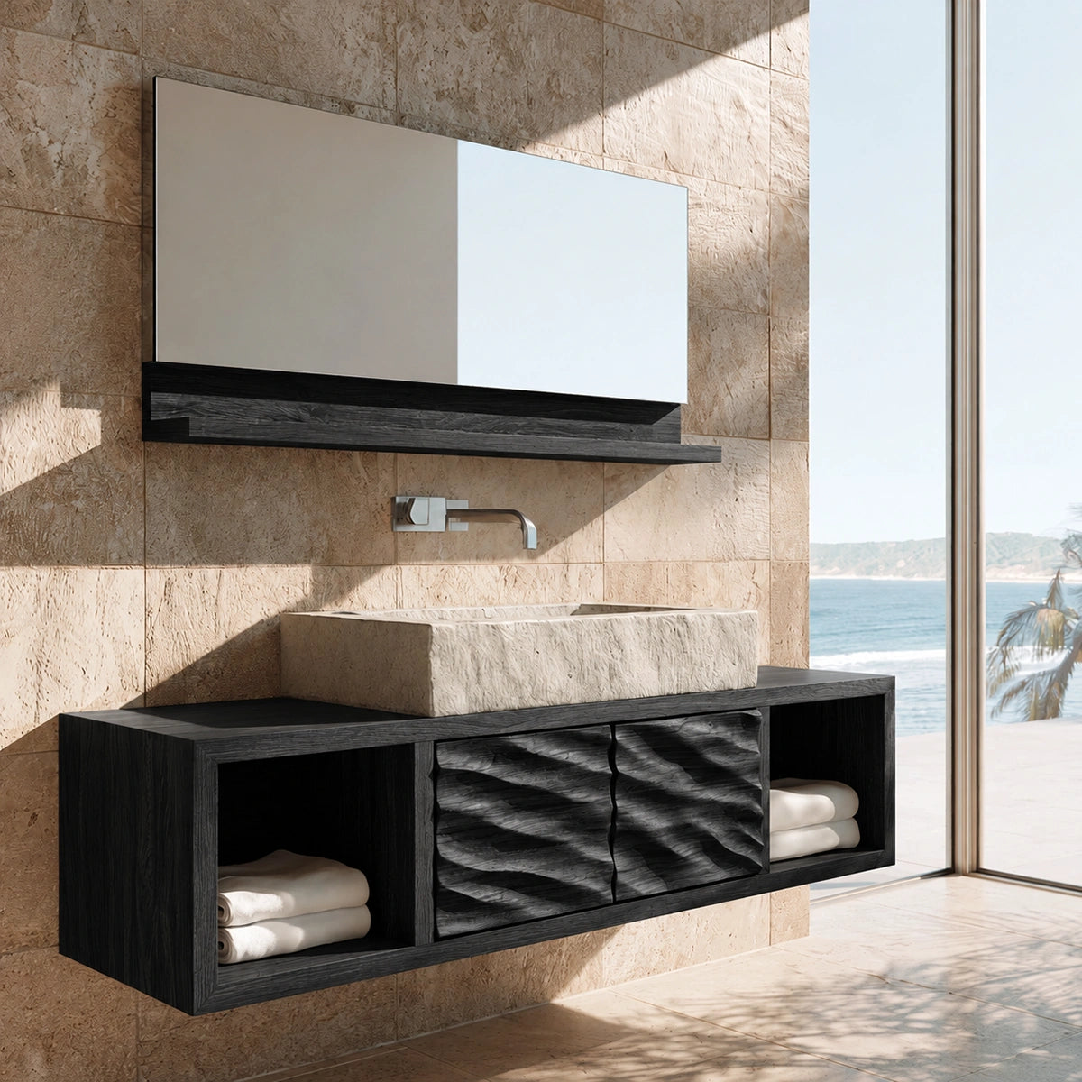 Natural Solid Wood Floating Bathroom Cabinet with 2 Doors and Open Shelf - Livewoodcraft - 4