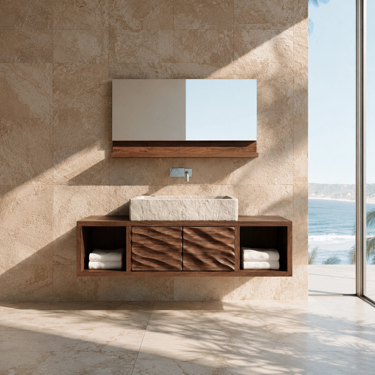 Natural Solid Wood Floating Bathroom Cabinet with 2 Doors and Open Shelf - Livewoodcraft - 6
