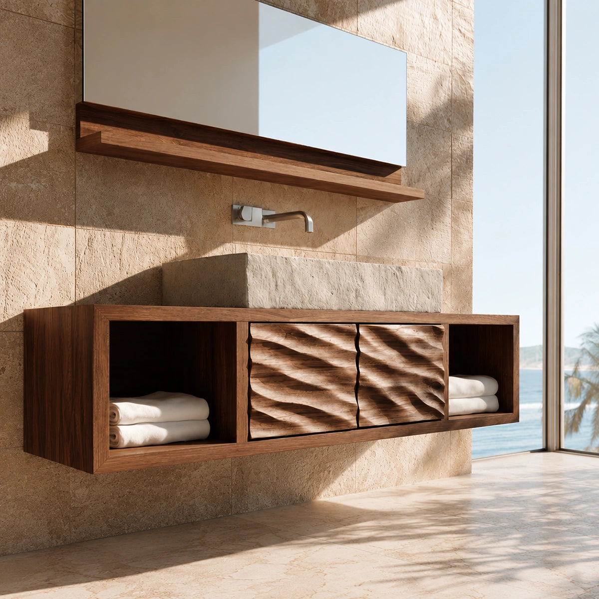 Natural Solid Wood Floating Bathroom Cabinet with 2 Doors and Open Shelf - Livewoodcraft - 8